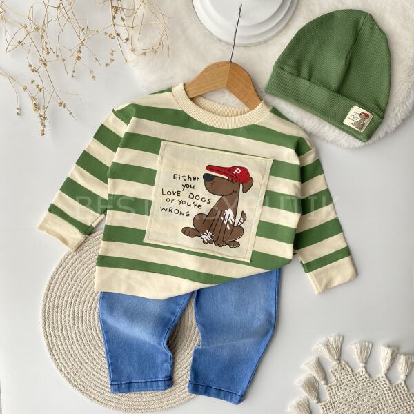 Dogs Baskılı Bereli Kot Pantolonlu 3’Lü Takım 24-36 AY