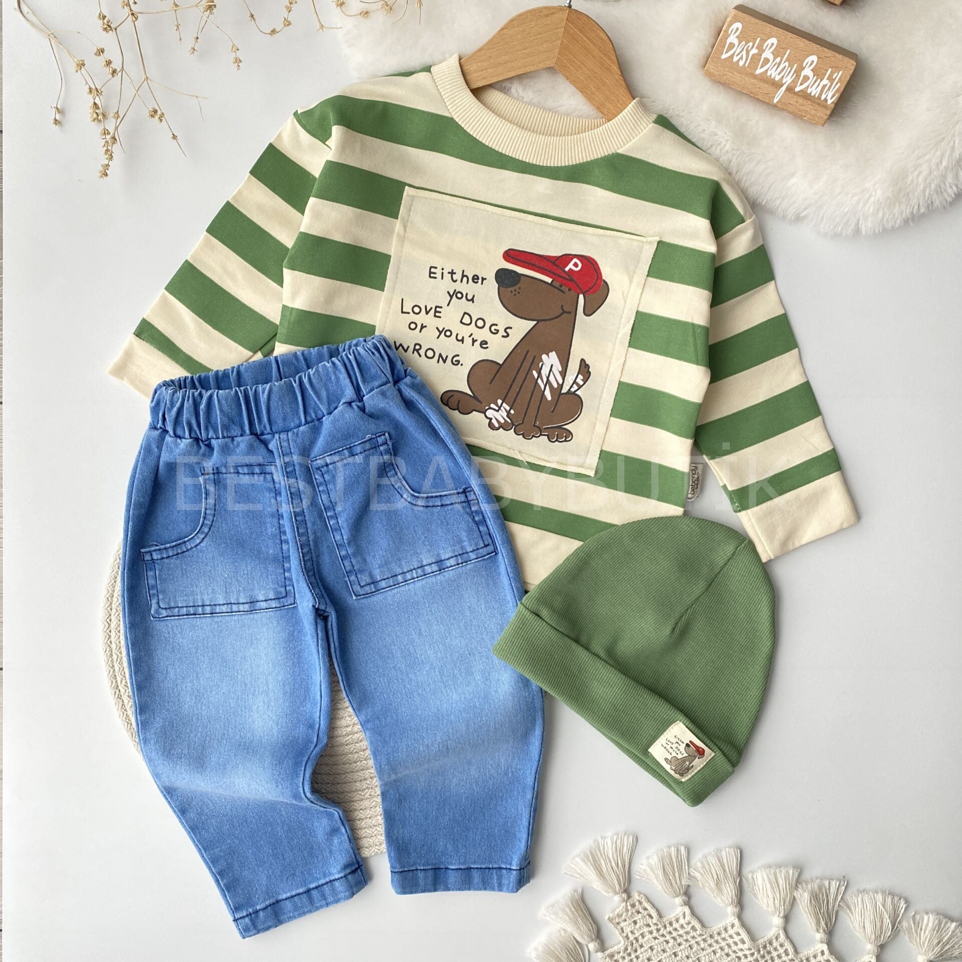 Dogs Baskılı Bereli Kot Pantolonlu 3’Lü Takım 24-36 AY