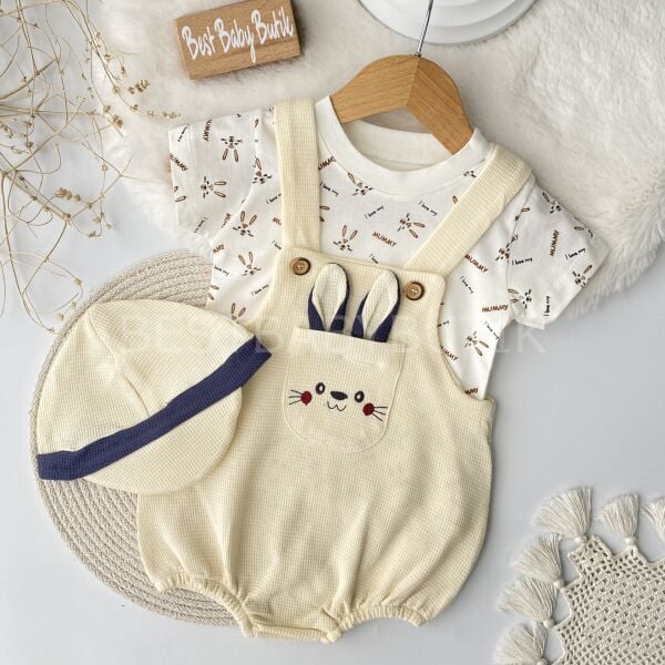 Erkek Bebek Şapkalı Tavşan Salopet Romper Takımı