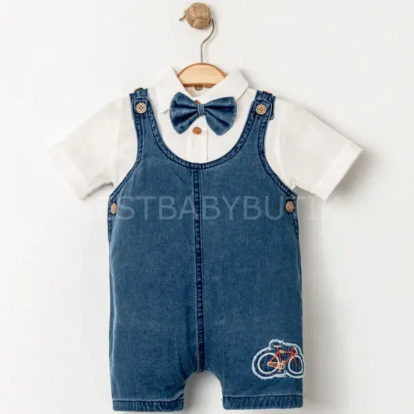 Erkek Bebek Mavi Papyonlu Gömlekli Bisiklet Nakış Salopet Takım