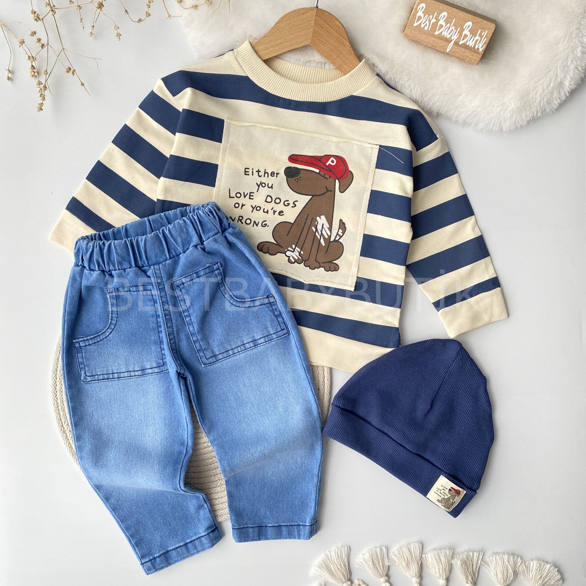 Dogs Baskılı Bereli Kot Pantolonlu 3’Lü Takım