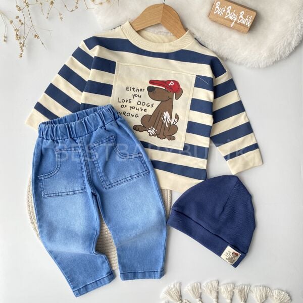 Dogs Baskılı Bereli Kot Pantolonlu 3’Lü Takım