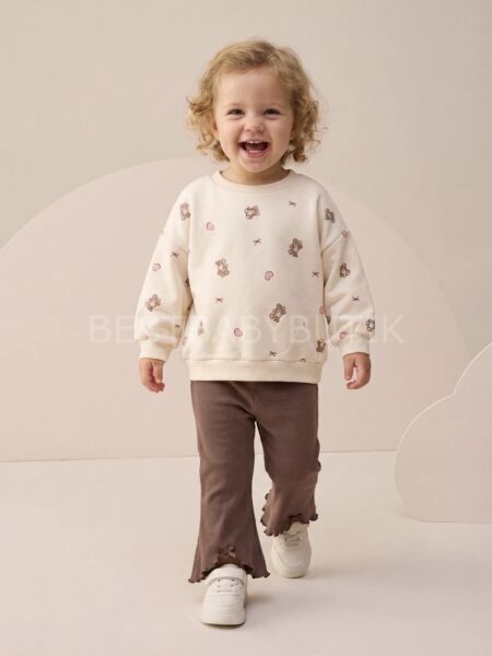 Minik Ayıcık Baskılı İspanyol Oval Paça Taytlı Oversize Takım 9-12 AY