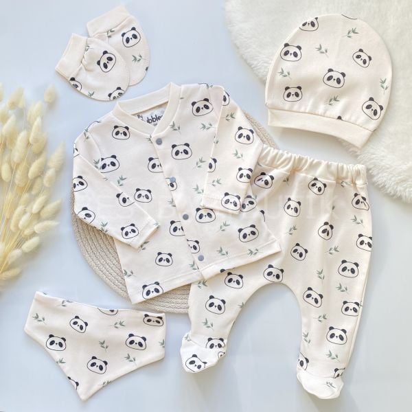 PANDA BASKILI ORGANİK 5 PARÇA HASTANE ÇIKIŞI SETİ