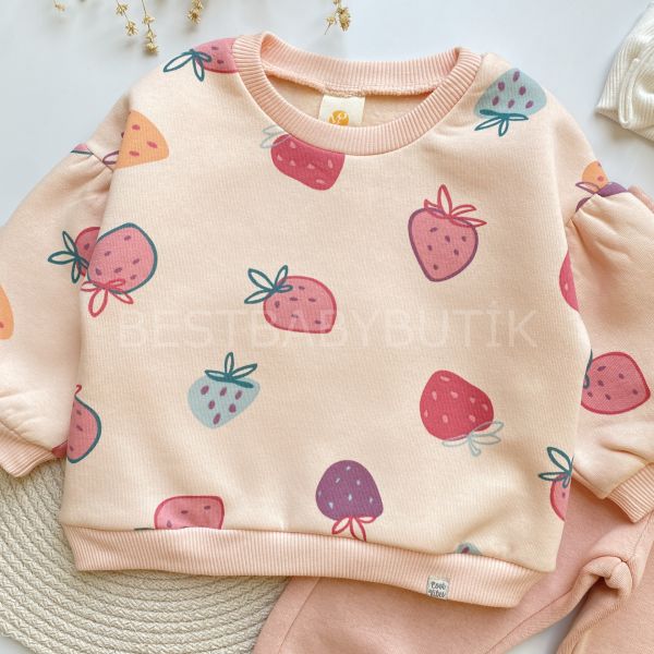 ÇİLEK DETAYLI BALON KOL ŞARDONLU 2’Lİ ALT ÜST TAKIM
