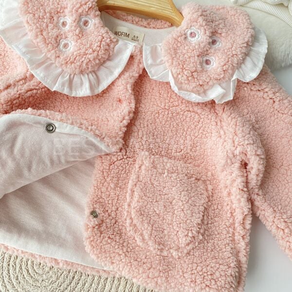 Çiçek Nakış Bebe Yakalı Peluş Hırka