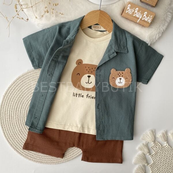 Ayıcık Panç İşlemeli Müslin Gömlekli 3’Lü Takım