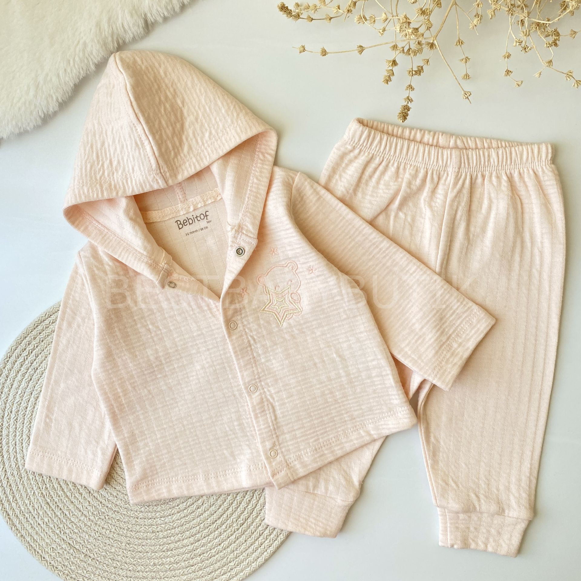 AYICIK İŞLEMELİ  ÖNDEN ÇITÇITLI KAPŞONLU 2’Lİ TAKIM (PEMBE)