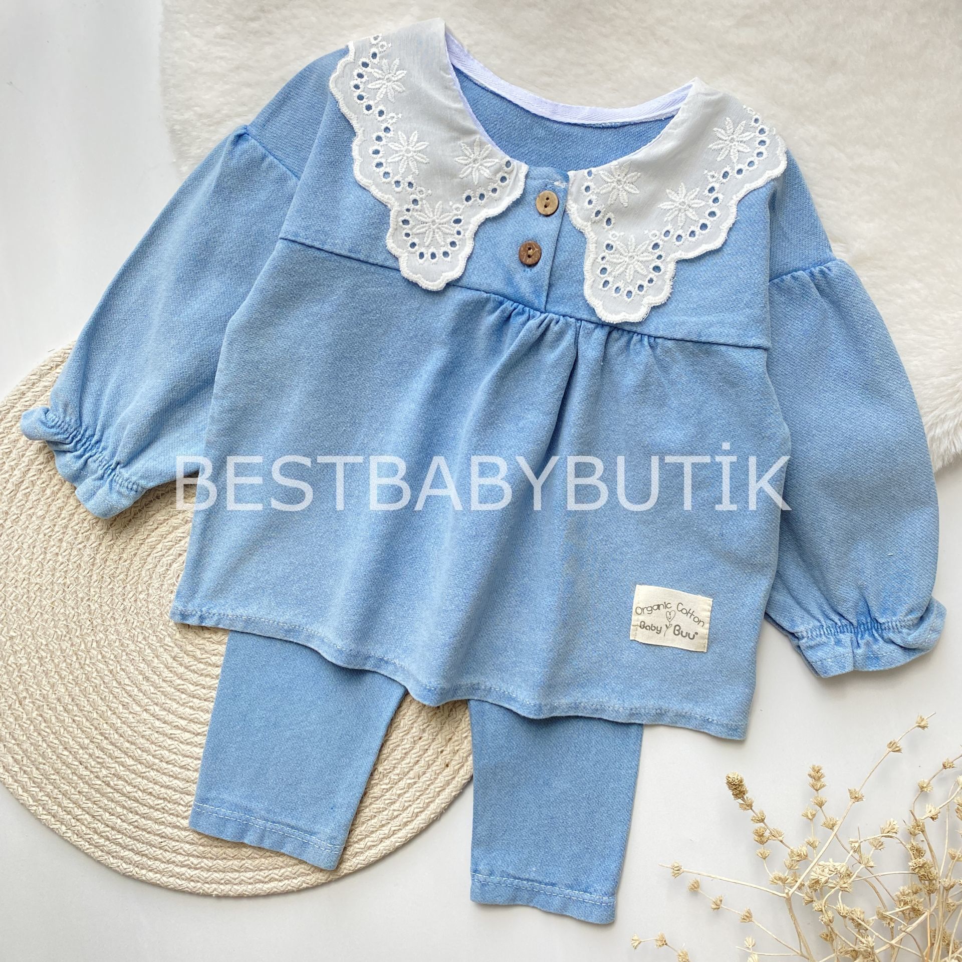 FİSTO YAKA DETAYLI BALON KOL LİKRALİ PAMUK KOT 2’Lİ TAKIM