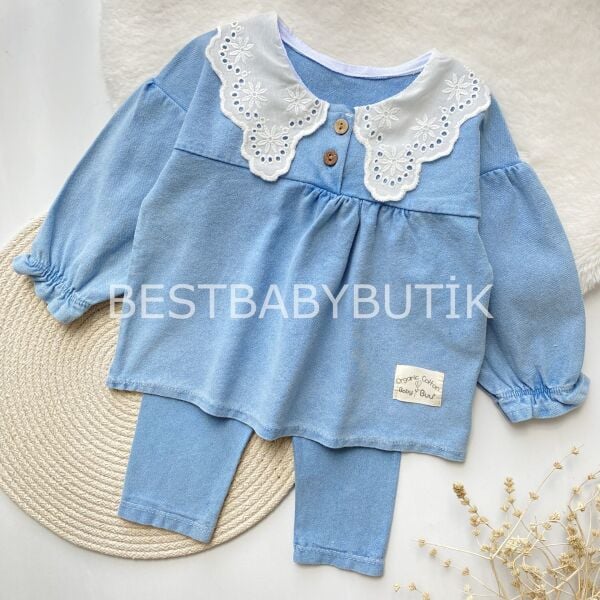 FİSTO YAKA DETAYLI BALON KOL LİKRALİ PAMUK KOT 2’Lİ TAKIM