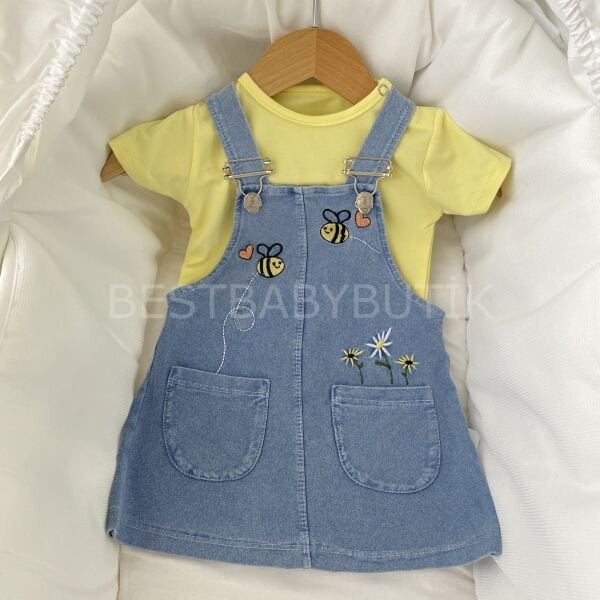 Liya Badili Çiçek Nakışlı Cepli Kot Salopet Elbise 18-24 AY