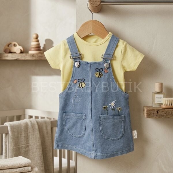 Liya Badili Çiçek Nakışlı Cepli Kot Salopet Elbise