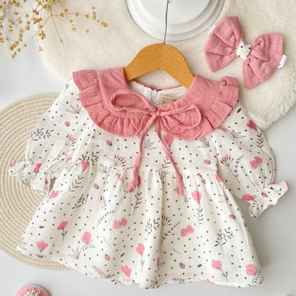 Çiçekli Müslin Bebek Yaka Bandanalı Elbise