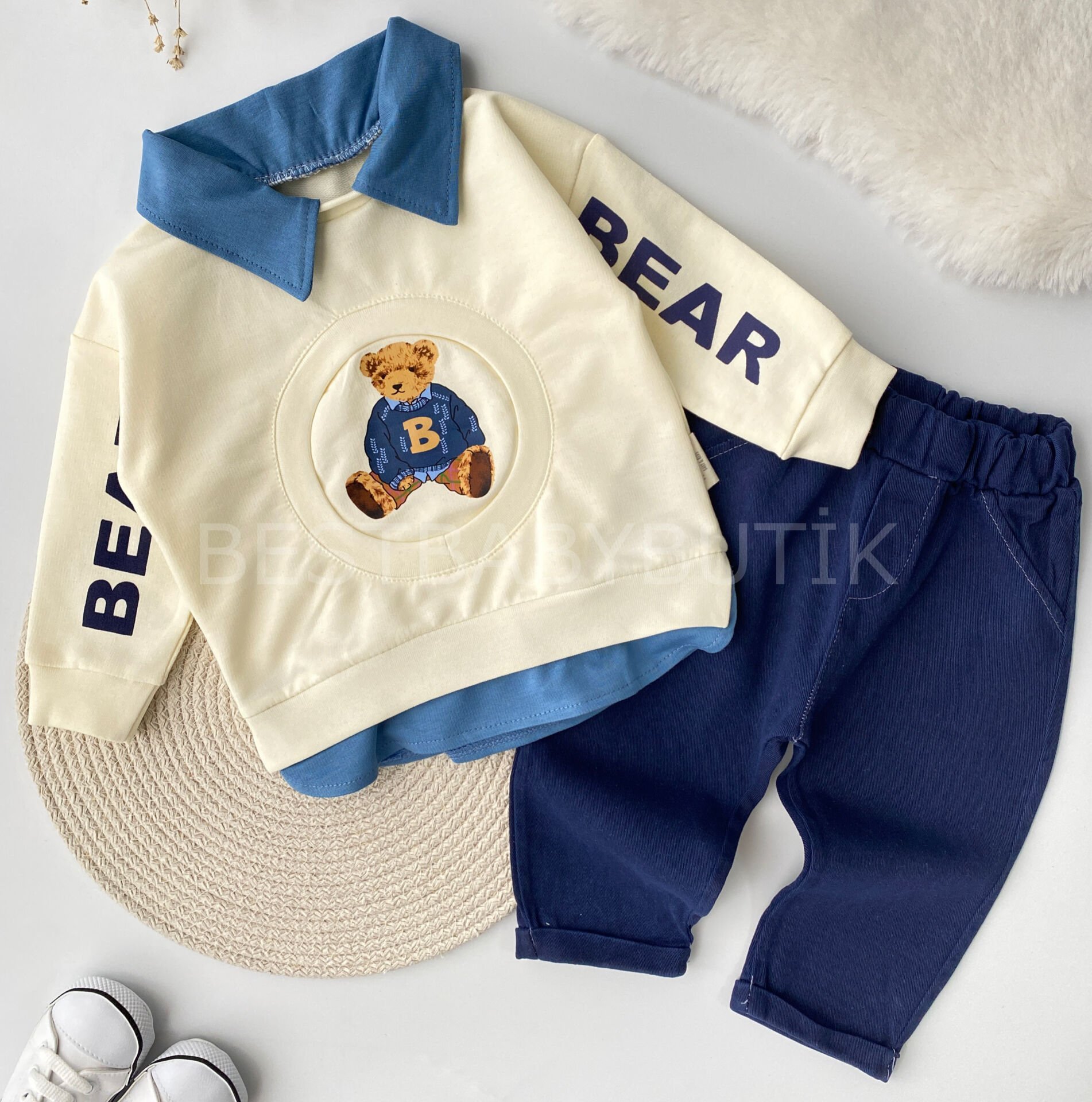 Bear Baskı Detaylı Gömlek Yaka Kot Pantolonlu 2’Li Takım