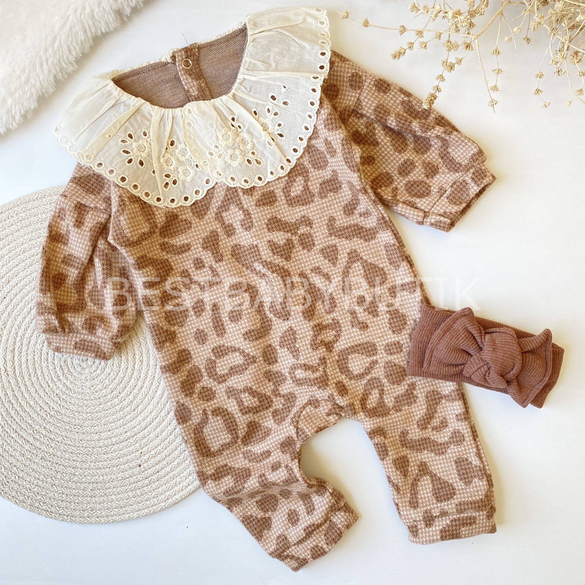 FİSTO BEBE YAKA DETAYLI BALON KOL KIŞLIK YUMOŞ LEOPAR DESENLİ TULUM