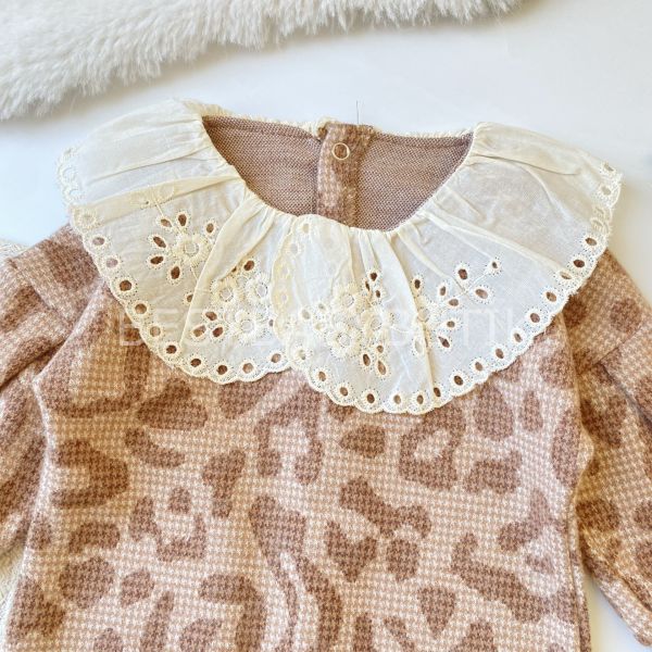 FİSTO BEBE YAKA DETAYLI BALON KOL KIŞLIK YUMOŞ LEOPAR DESENLİ TULUM