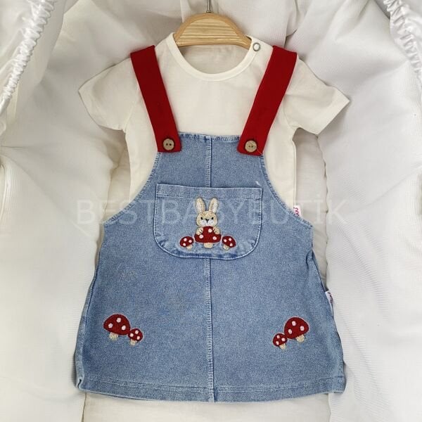 Mira Badili Mantar Nakışlı Cepli Kot Salopet Elbise 18-24 AY