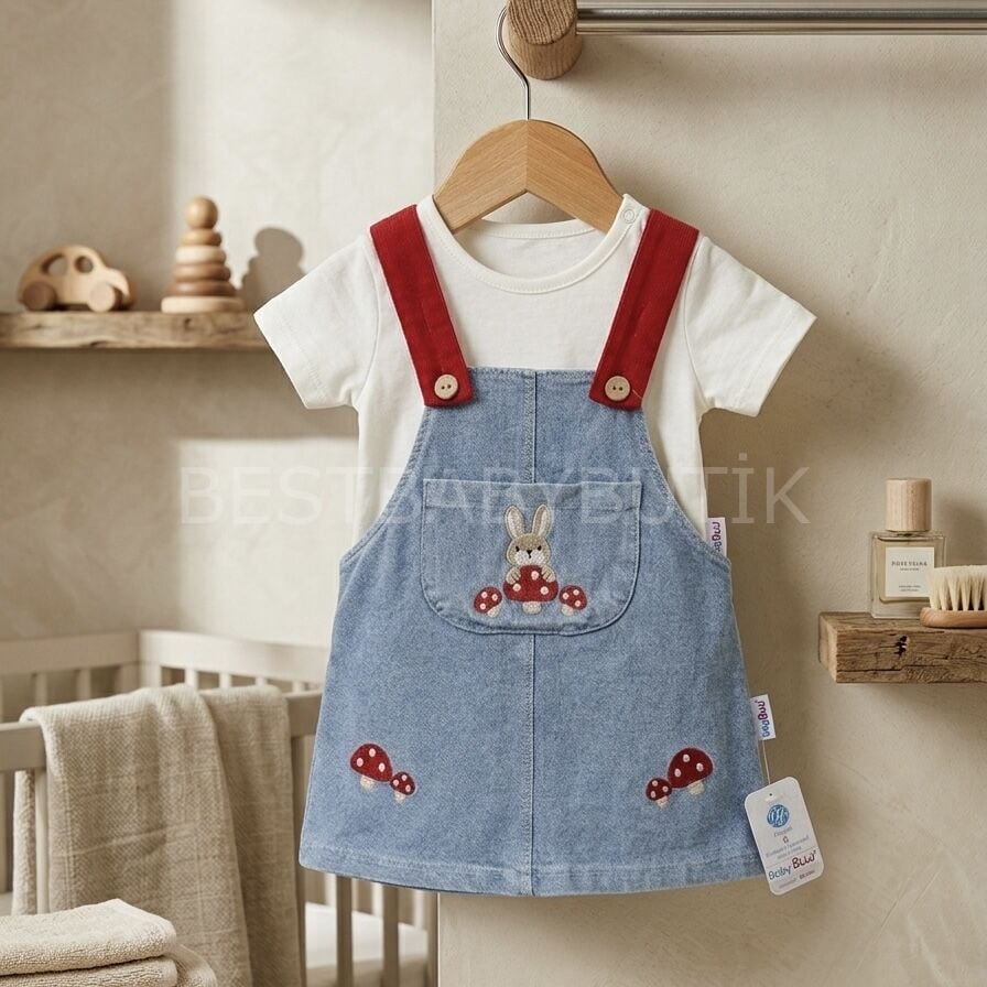 Mira Badili Mantar Nakışlı Cepli Kot Salopet Elbise 18-24 AY