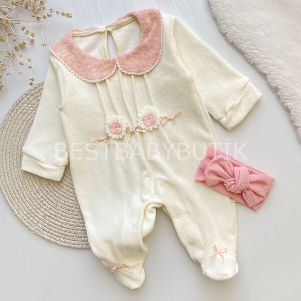 MERY ÇİÇEK DETAYLI BEBE YAKA KADİFE TULUM