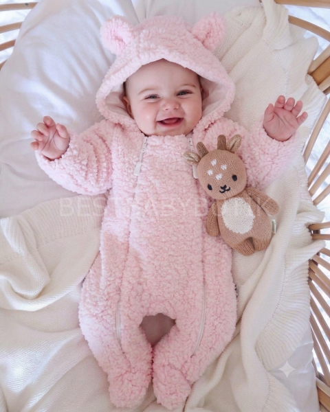 Kız Astarlı Kuzucuk Kulaklı Çift Fermuarlı Peluş Tulum 3-6 AY