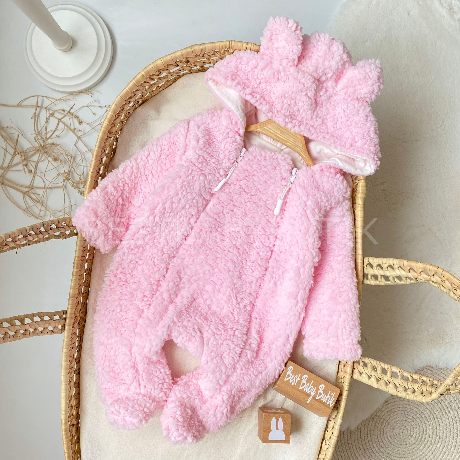 Kız Astarlı Kuzucuk Kulaklı Çift Fermuarlı Peluş Tulum 3-6 AY