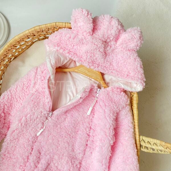 Kız Astarlı Kuzucuk Kulaklı Çift Fermuarlı Peluş Tulum 3-6 AY