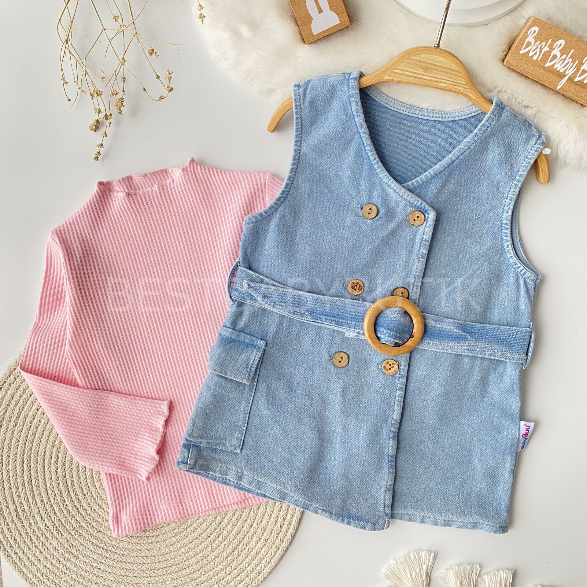 Ahşap Düğmeli Badili Likrali Kot Elbise 9-12 AY