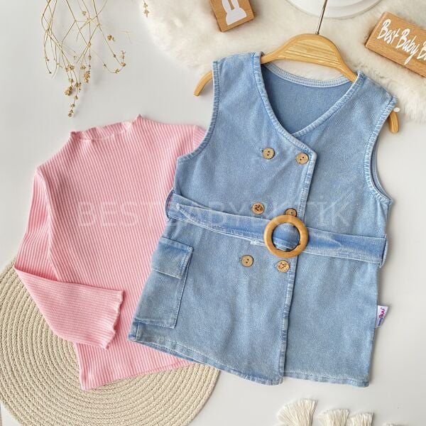 Ahşap Düğmeli Badili Likrali Kot Elbise