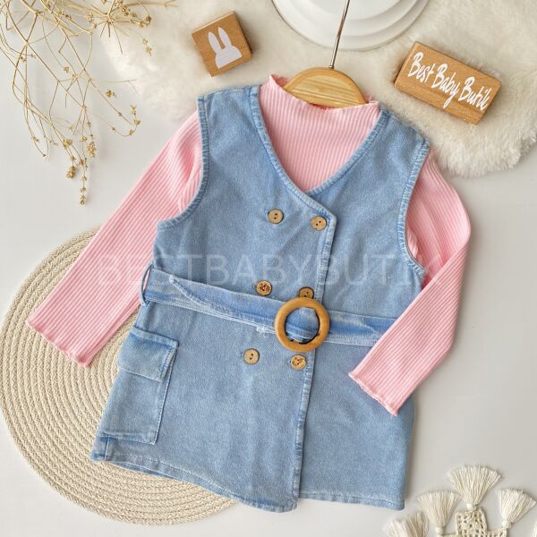 Ahşap Düğmeli Badili Likrali Kot Elbise 9-12 AY