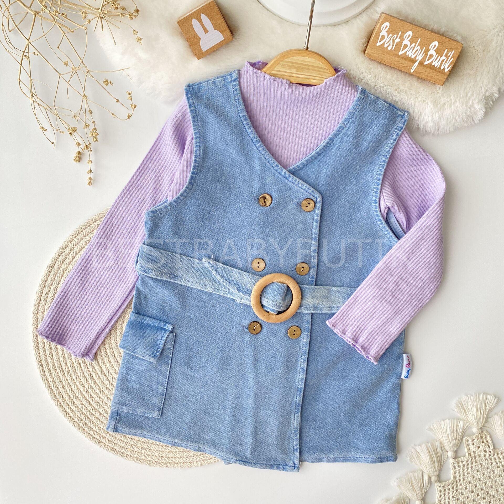 Ahşap Düğmeli Badili Likrali Kot Elbise 9-12 AY