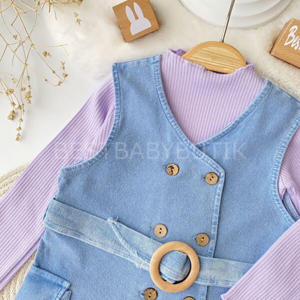 Ahşap Düğmeli Badili Likrali Kot Elbise 9-12 AY