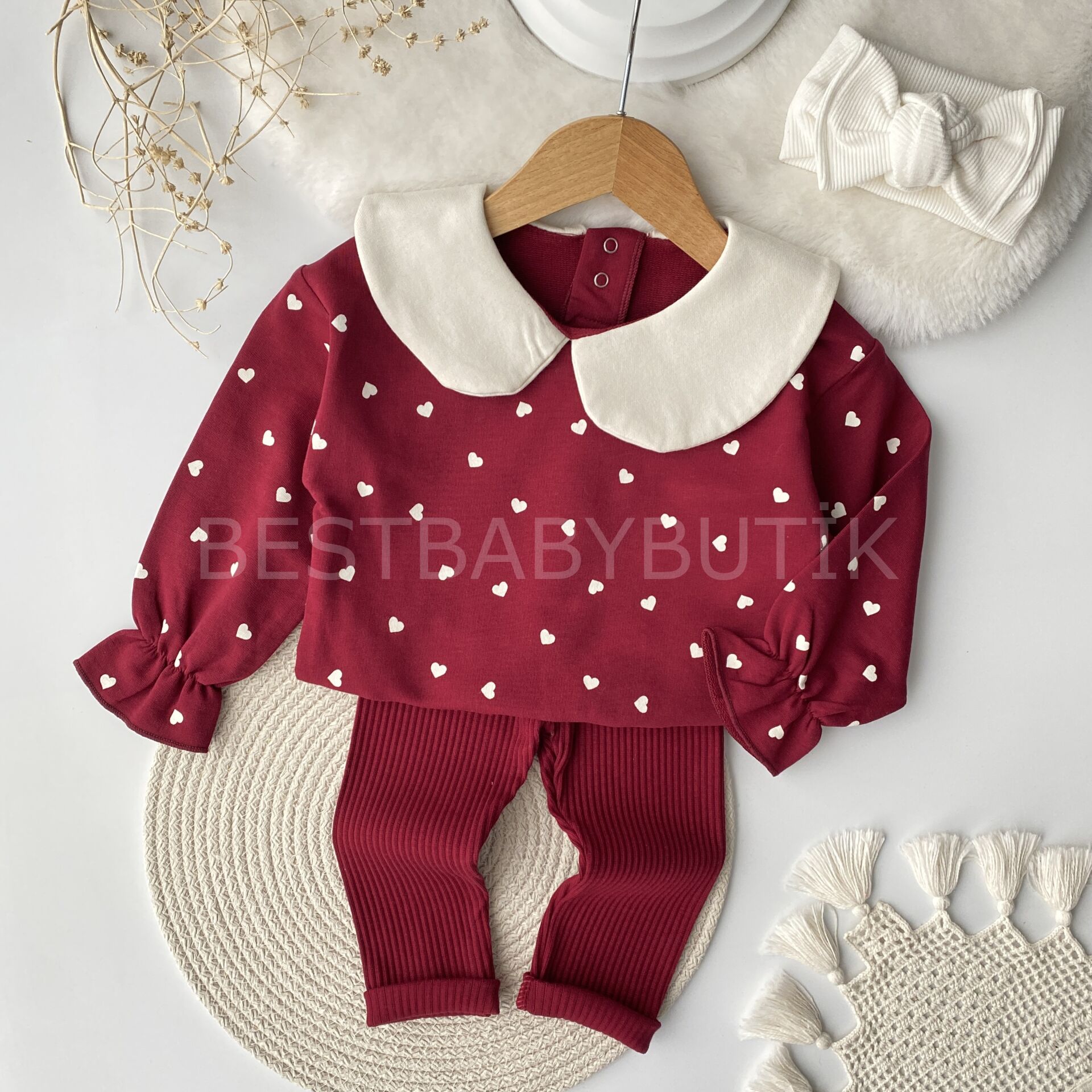 Lidya Bebe Yaka Kalpli Taytlı 2’Li Takım -BORDO