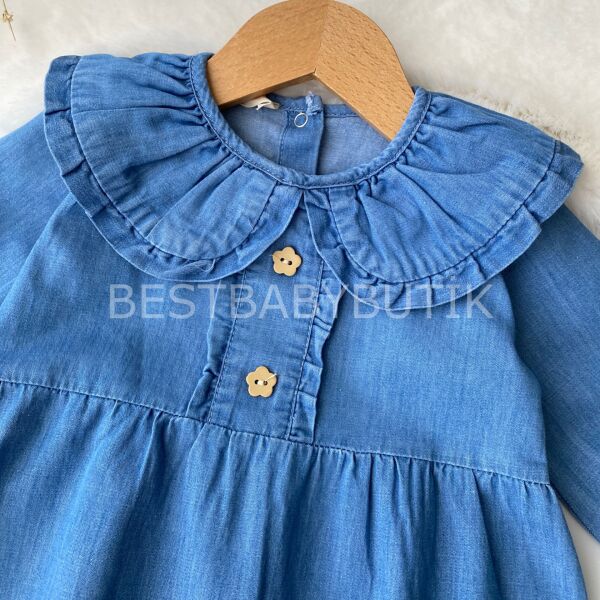 Örgü Çiçekli Bebe Yaka Kot Tulum 9-12 AY