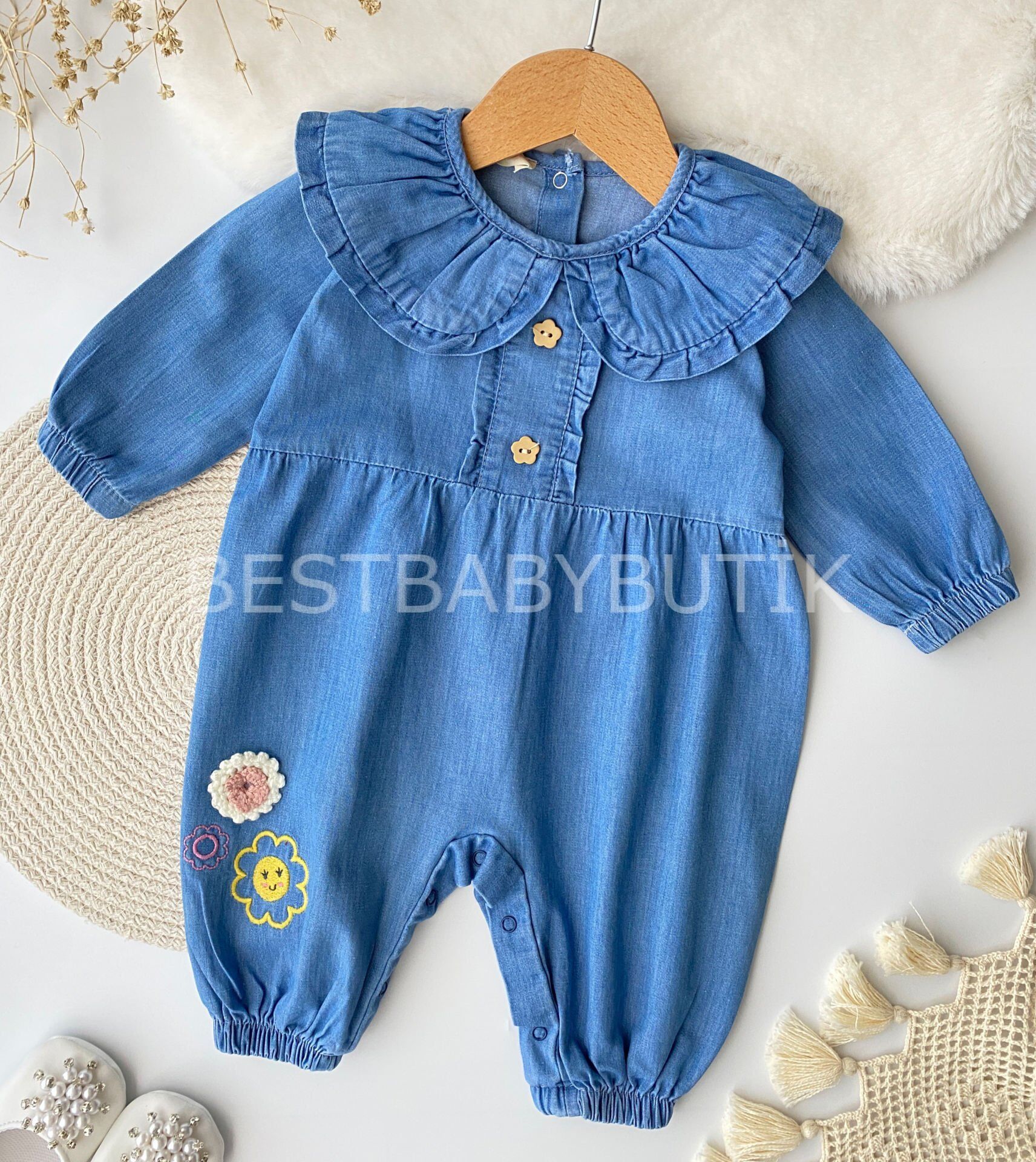 Örgü Çiçekli Bebe Yaka Kot Tulum 9-12 AY