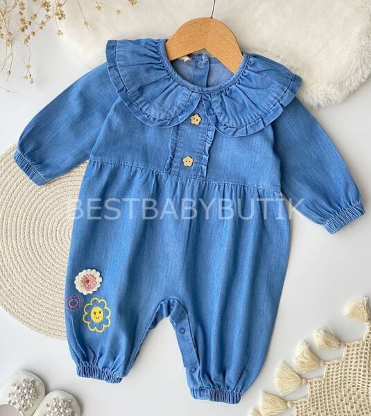 Örgü Çiçekli Bebe Yaka Kot Tulum