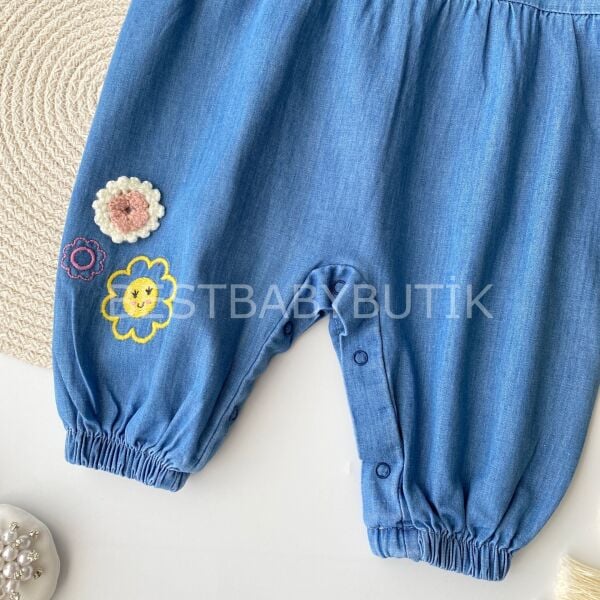 Örgü Çiçekli Bebe Yaka Kot Tulum 9-12 AY