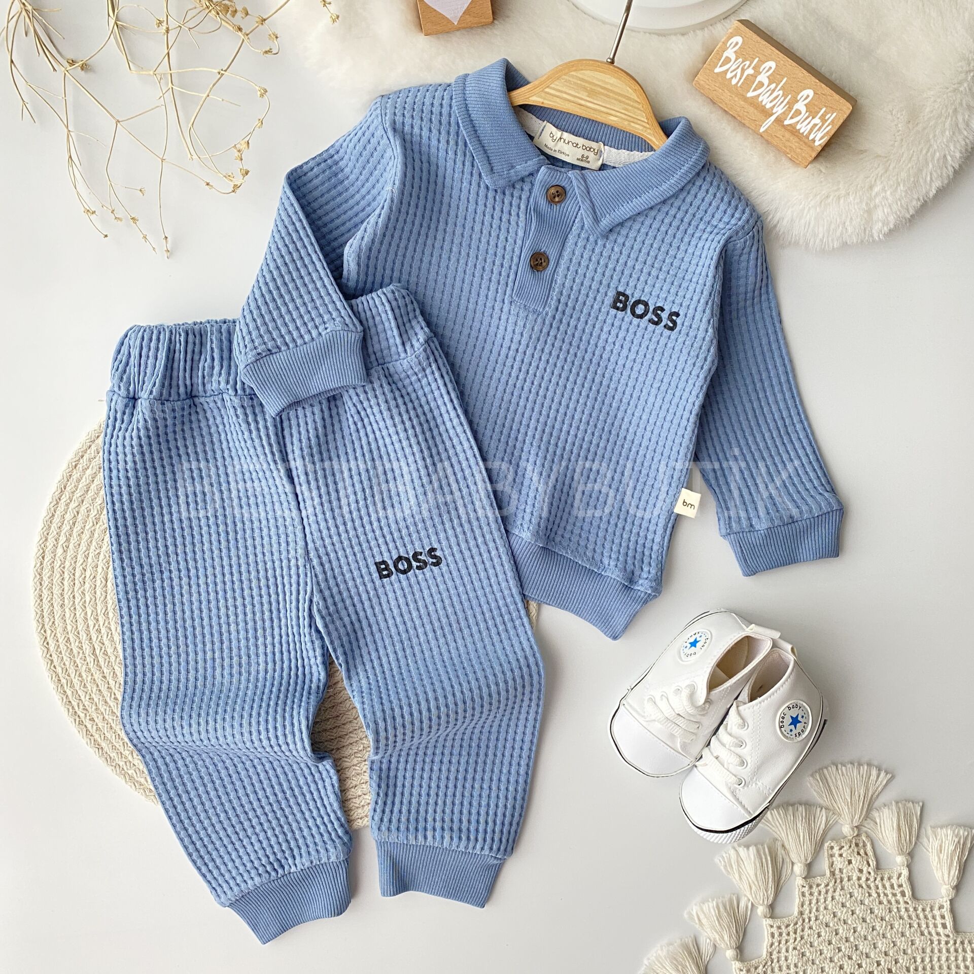 BOSS Baskılı Waffle Kumaş 2’Li Takım 9-12 AY