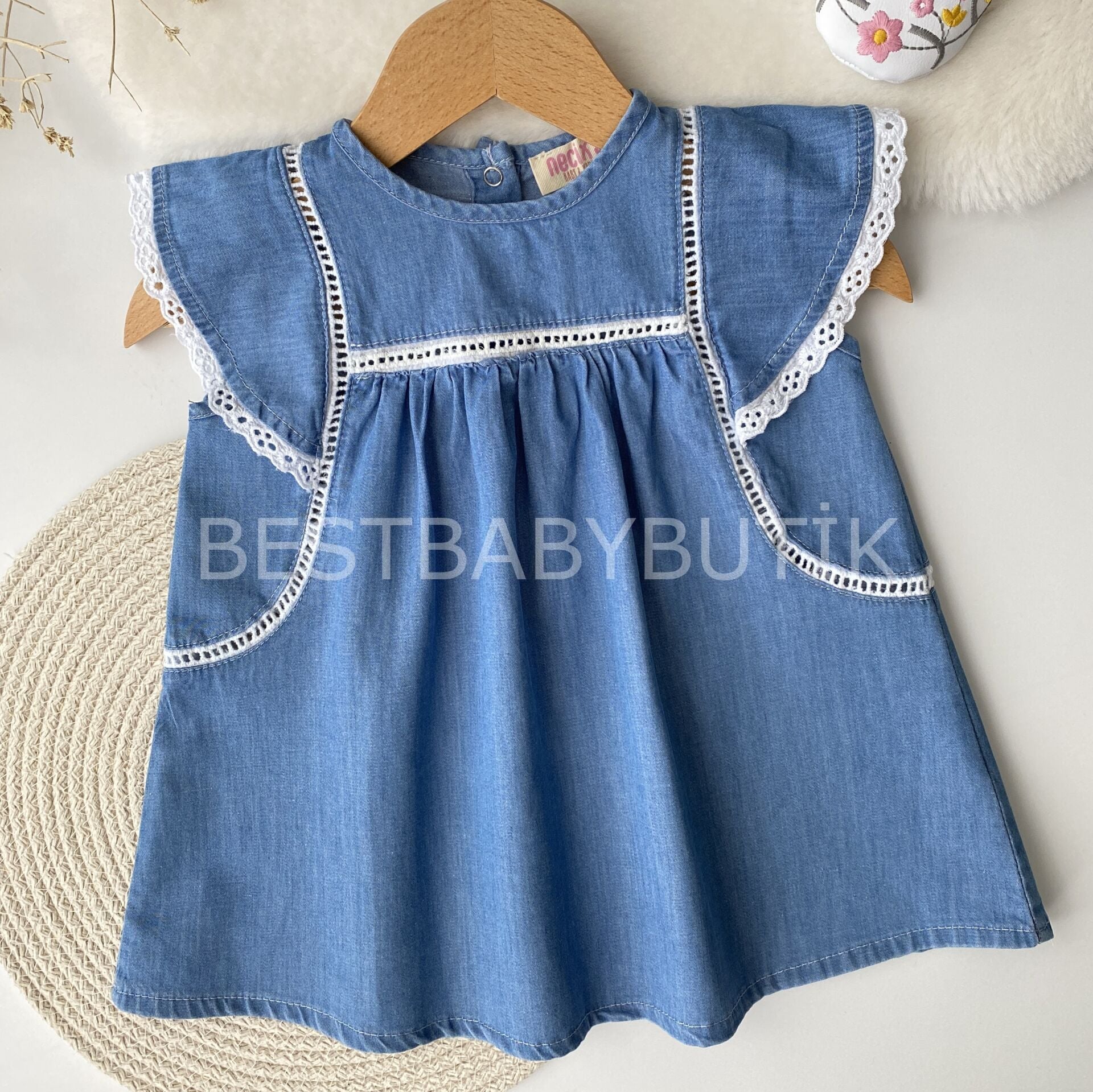 Fisto Kol Detaylı Fırfırlı Kot Elbise 9-12 AY