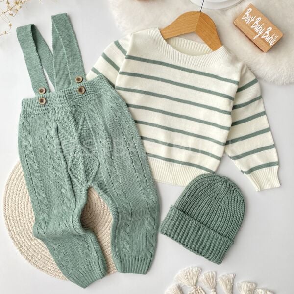 Çizgili Triko Kazak Ve Şapkalı 3’Lü Tulum Seti