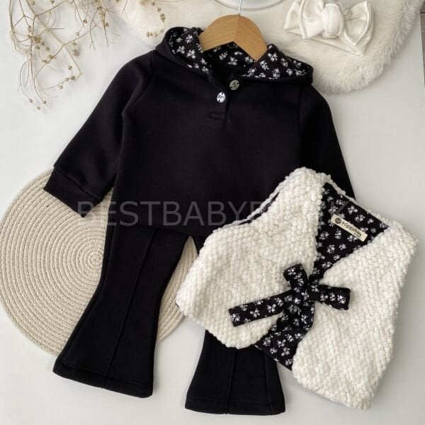 Kurdale Detaylı Peluş Yelekli Kapşonlu Şardonlu 3’Lü Takım