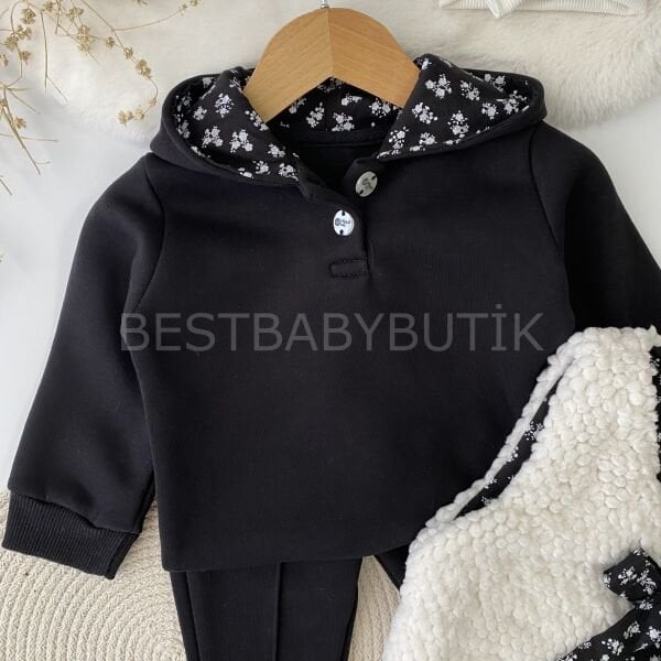 Kurdale Detaylı Peluş Yelekli Kapşonlu Şardonlu 3’Lü Takım