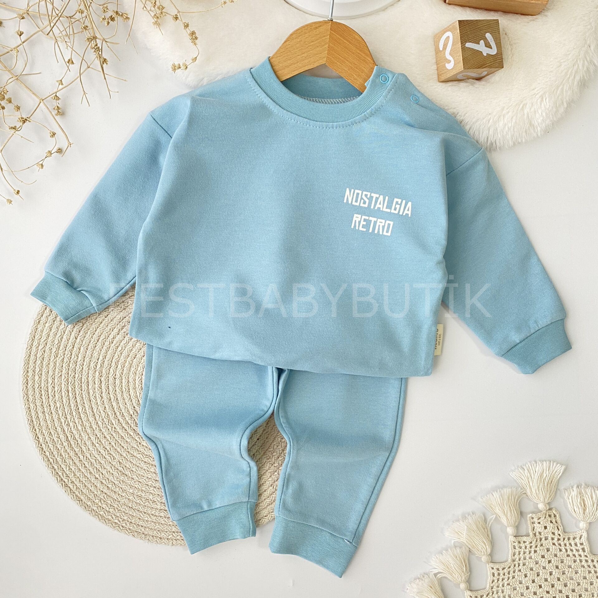 Nostalji Retro Sırt Baskılı Oversize Mavi 2’Li Takım