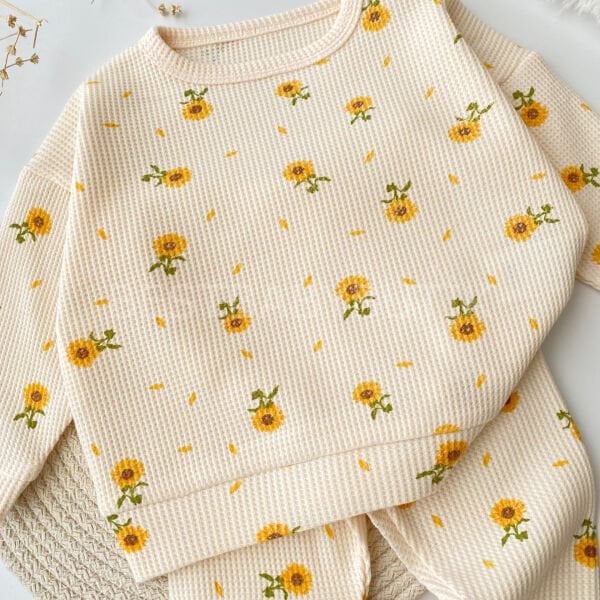 Oversize Ayçiçeği Baskılı Waffle 2’Li Takım