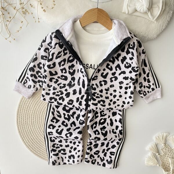 Leopar Hugg Baskılı Kalın Fermuar Bol Paça 3’Lü Eşofman Takımı