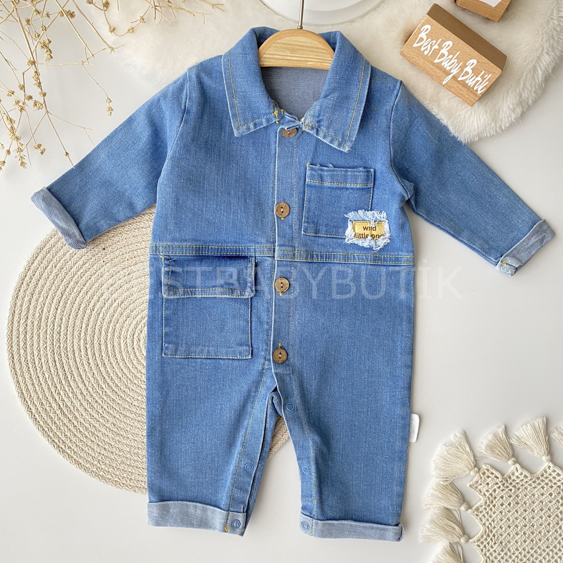 Cep Detaylı Etiketli Kot Tulum