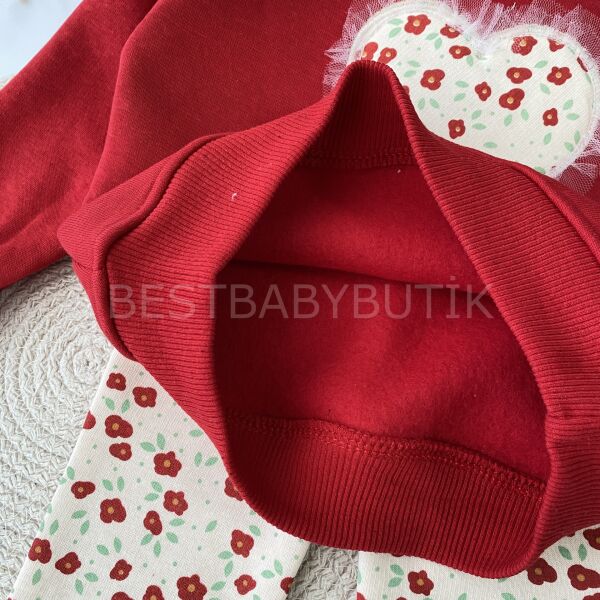 Kalp Detaylı Çıtır Çiçekli Şardonlu Kışlık 3’Lü Takım