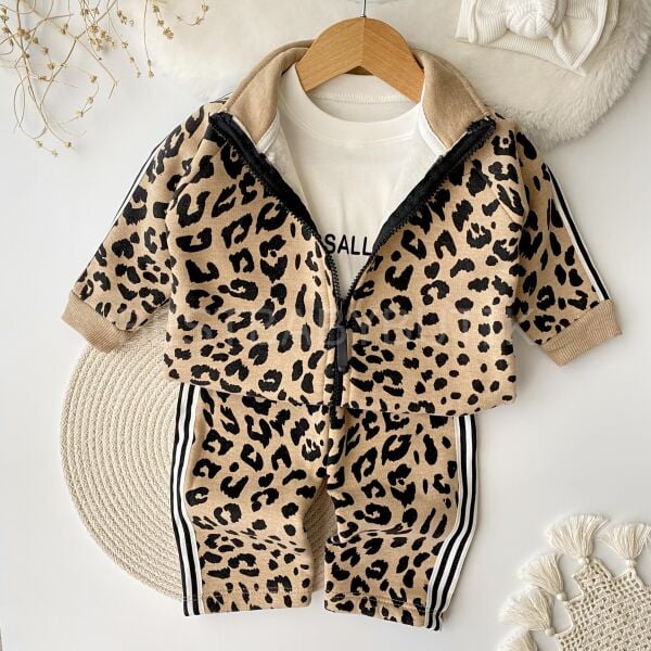Leopar Hugg Baskılı Kalın Fermuar Bol Paça 3’Lü Eşofman Takımı