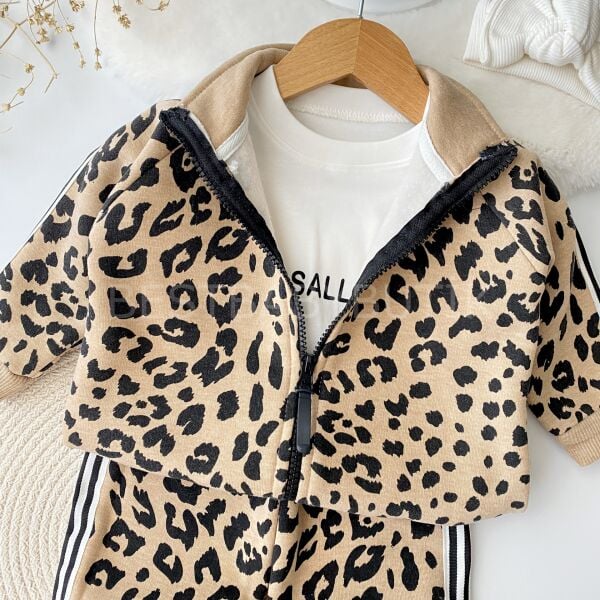 Leopar Hugg Baskılı Kalın Fermuar Bol Paça 3’Lü Eşofman Takımı