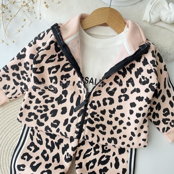 Leopar Hugg Baskılı Kalın Fermuar Bol Paça 3’Lü Eşofman Takımı