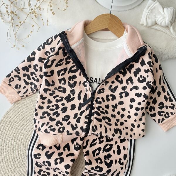 Leopar Hugg Baskılı Kalın Fermuar Bol Paça 3’Lü Eşofman Takımı